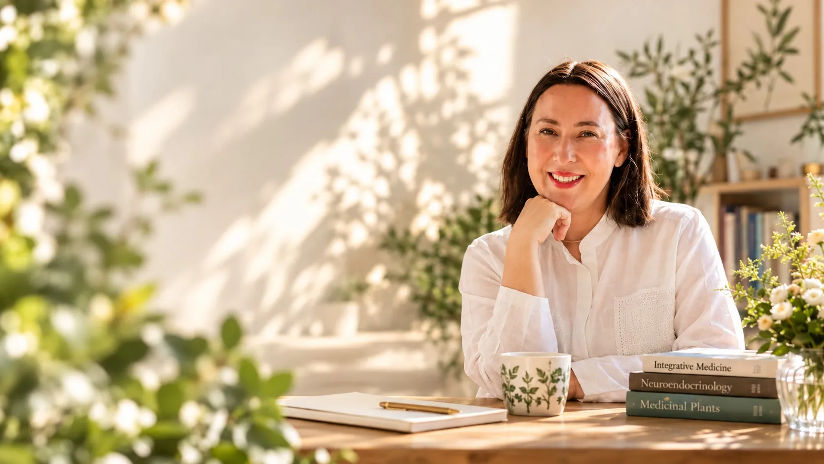 Dr. Olivia Breaban, zâmbind, la masa de lucru